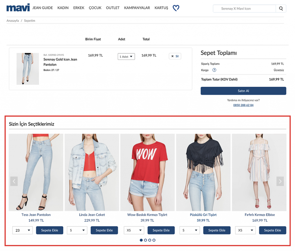 Mavi.com cart page: product recommendations example